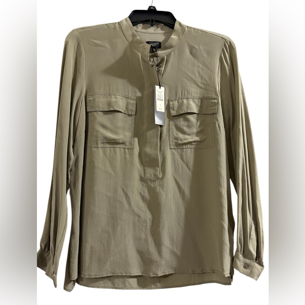 Talbots olive sheer woman's button blouse szSP